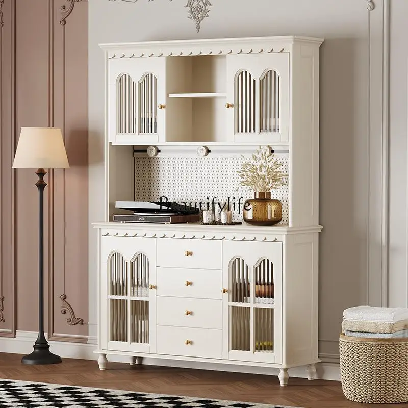 05-خزانة جانبية لتناول الطعام من الخشب الصلب الفرنسي، طبقة مزدوجة علوية وسفلية، خزانة مشروبات تخزين أمريكية على الطراز الكريمي #2