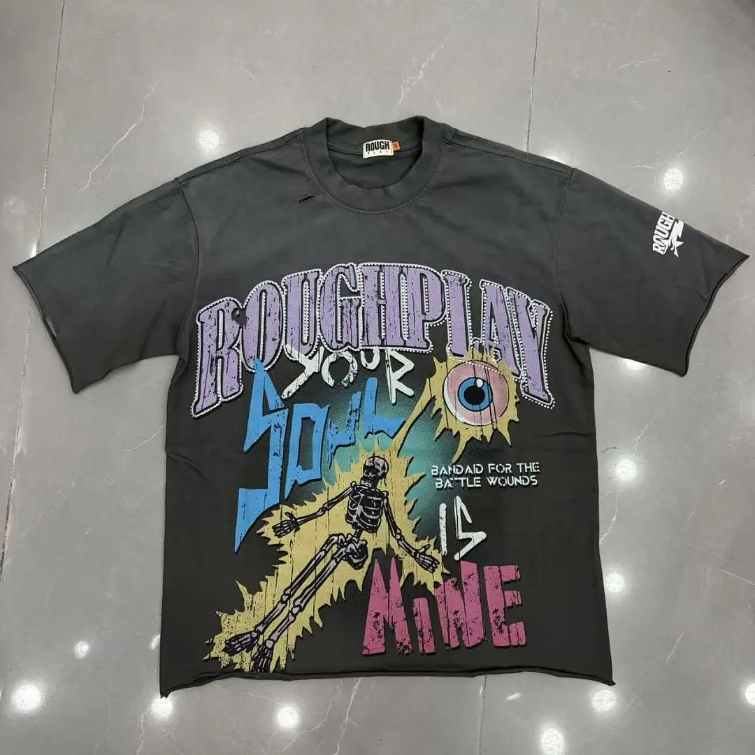 High Quality Rough Play Skeleton-Printed Women Men T shirts tees Washed Vintage Men Casual T shirt