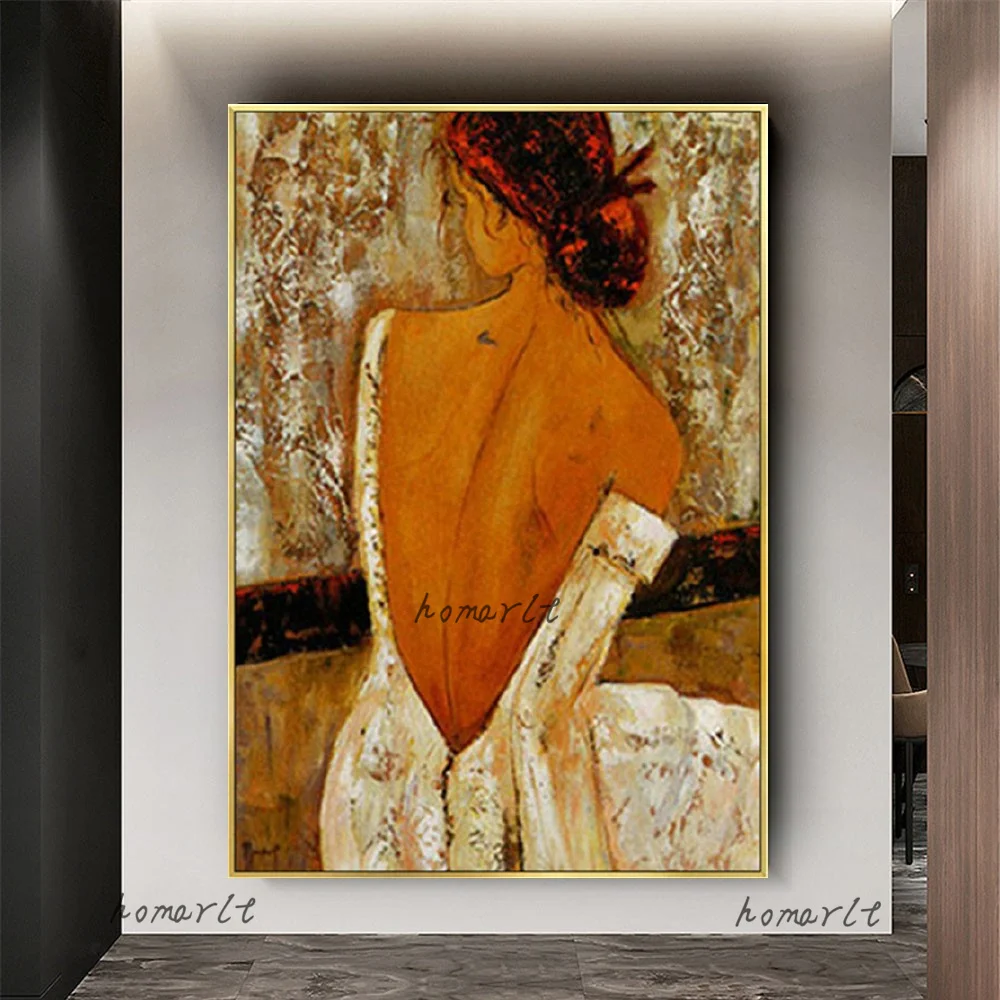 Brown Retro Beautiful Girl Oil Painting Wall Mural Sex Women Back Naked Dressing for Bedroom Bar Decor view 2