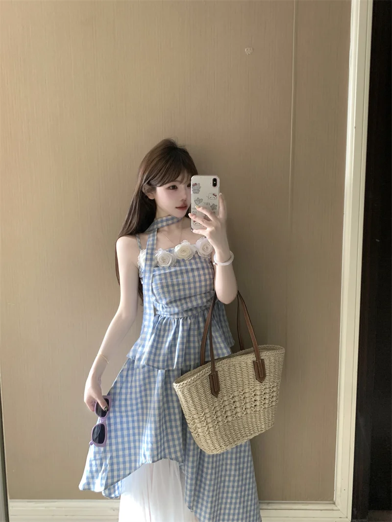 

Sweet And Spicy Girl Outfit Summer Floral 3D Printed Halter Top And Mesh Splice Skirt Two-Piece Set for Women
