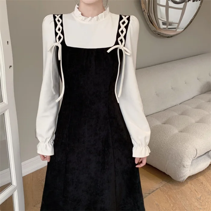 Losse midi-jurk met lange mouwen Nieuwjaar Student-stijl Dopamine Illusie Tweedelige jurk met strikknoop Polyestervezeljurk