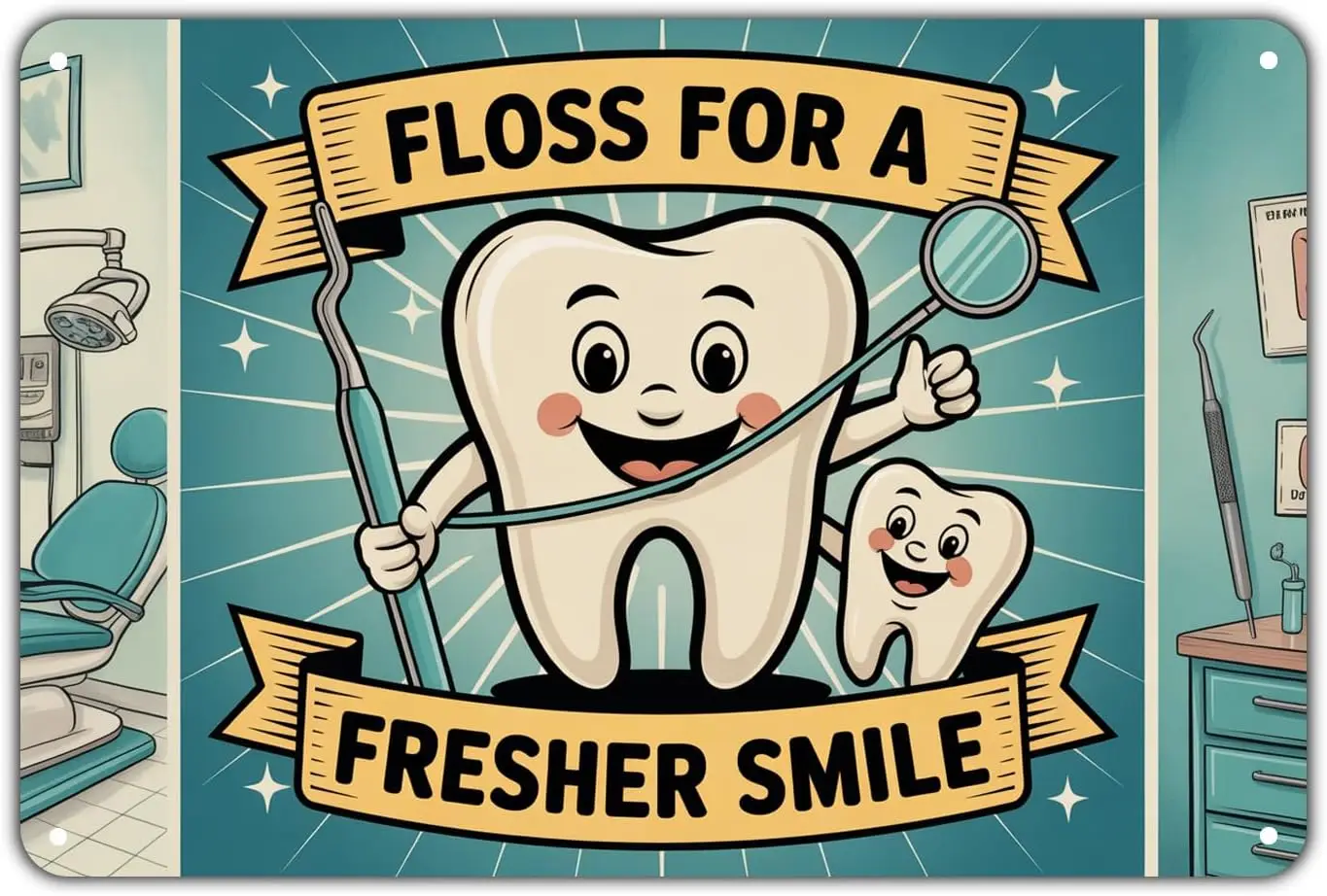 Dental Floss Dentist Office tin sign Vintage Tooth Metal Sign Print Aesthetic for Garden Yard Bar Porch Home Bedroom Kitchen Wal