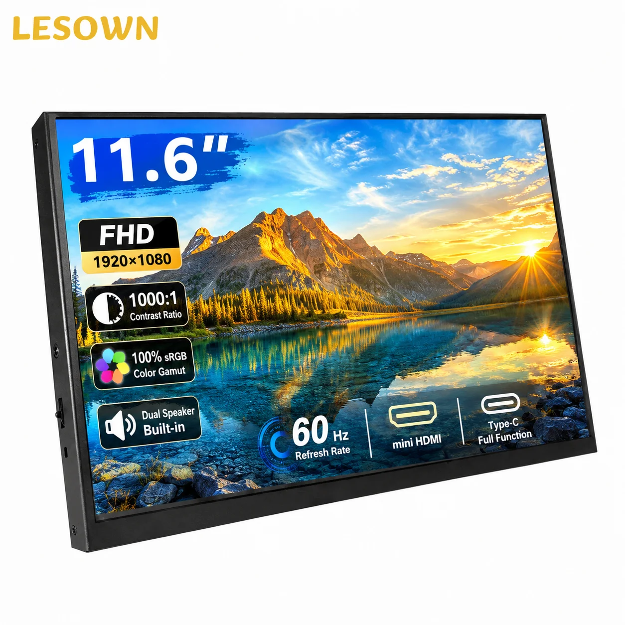 LESOWN 11.6 Inch Portable Monitor 1080P FHD LCD Travel Screen Driver-free Dual Display with Speakers VESA 75 for Laptop
