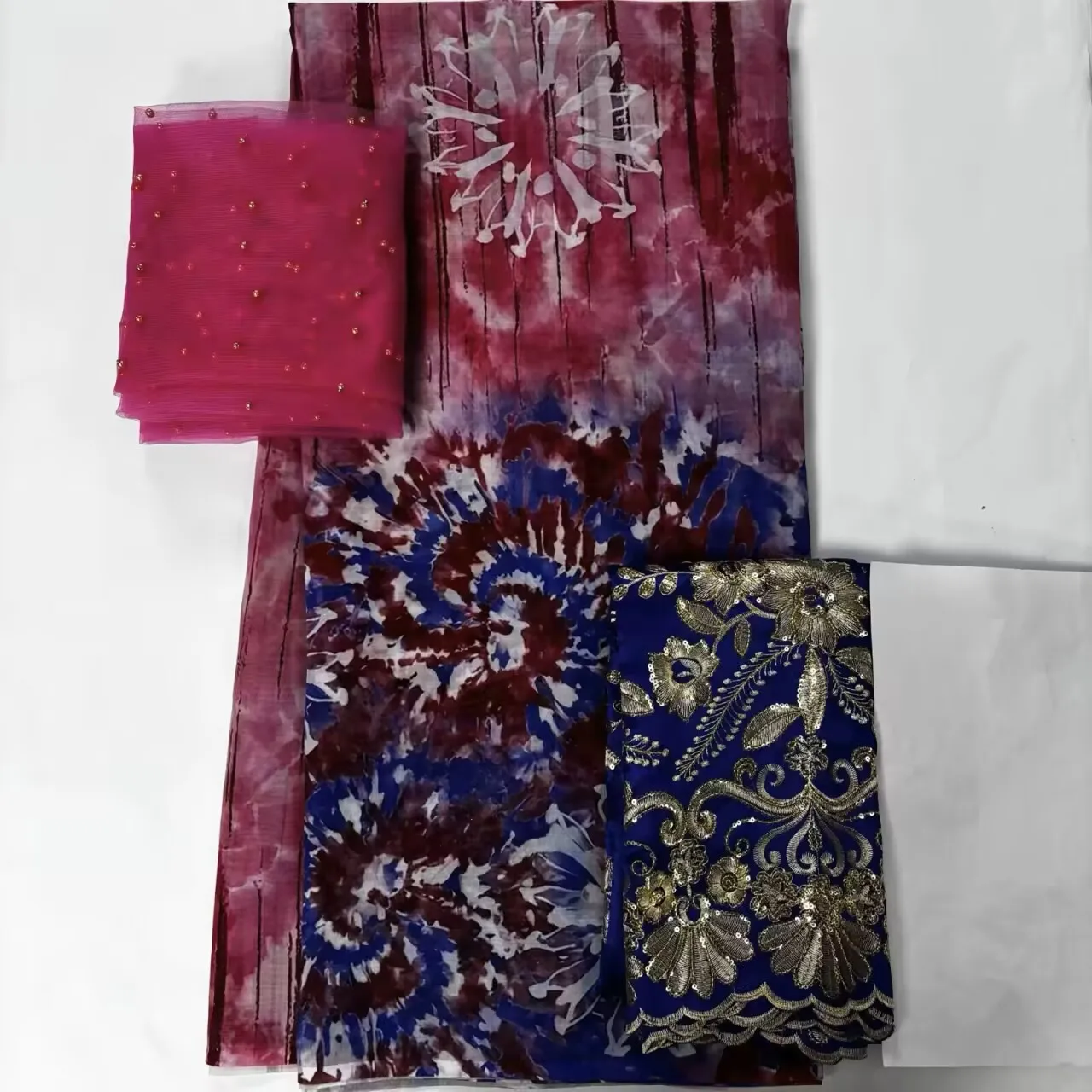 5+2+2 Yard/Set Soft African Print Satin Silk George Fabric With Bead Sequins Swiss Voile Lace For Party Lady Dress Sew Material