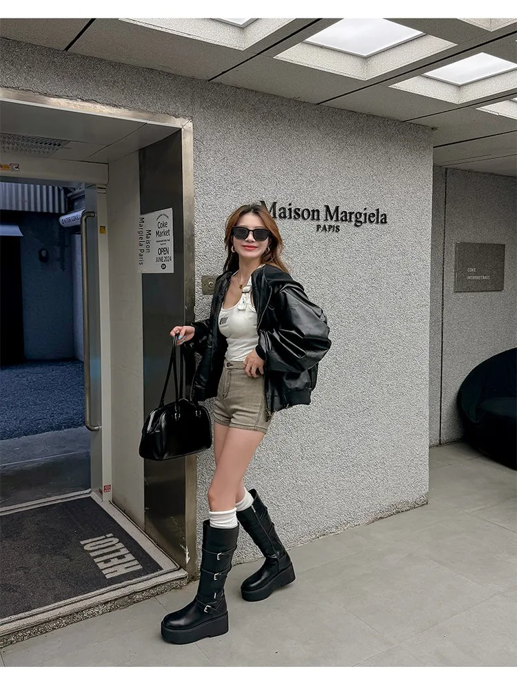 

Kimmuni Long Tube Boots Thi Bot Heightening Flat Substitute High Ne Zipper round Toe Faion Boots for Young Women