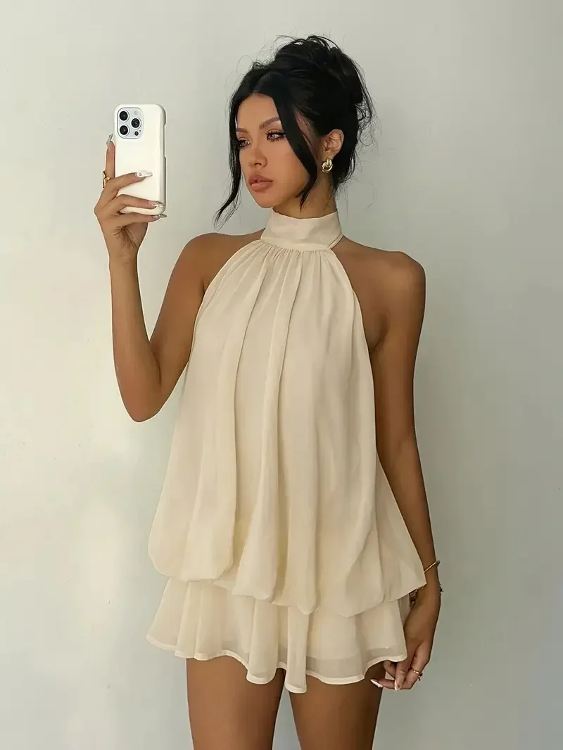 Damen Chiffon-Minikleid mit Neckholder, ärmellos, mehrlagig, mit Rüschen, fließend, einfarbig, locker, A-Linie, Sommer-Party, Strand, Freizeit-Sommerkleid – Detail 13
