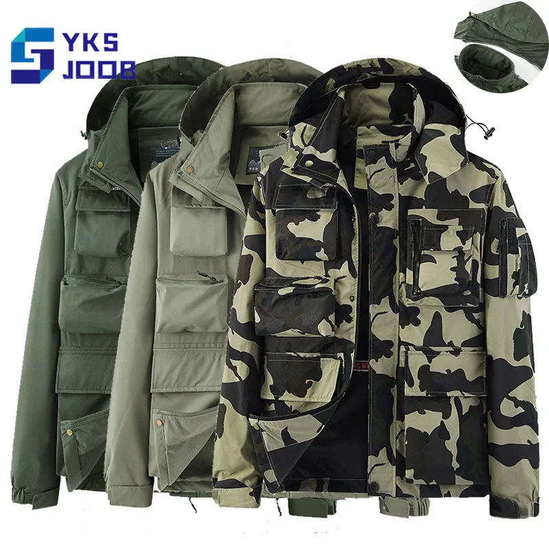 Mens Tactical Hiking Jacket Windproof Multi-pocket Detachable Cap Camo Coat Outdoor Camping Treking Climbing Jackets Spring Fall