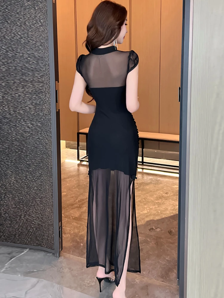 女性韓国ヴィンテージヘップバーンウエディングドレス夏黒パッチワークメッシュシアーセクシードレス2025エレガントボディコンフェスティバルパーティードレス