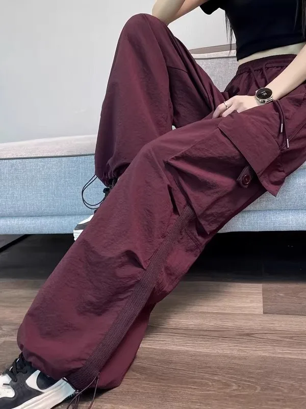 Ice Silk Quick Dry Work Pants Women Summer Thin Elastic High Waist Slimming Casual Loose Cuffed Hiking Sports Wide Leg Pants