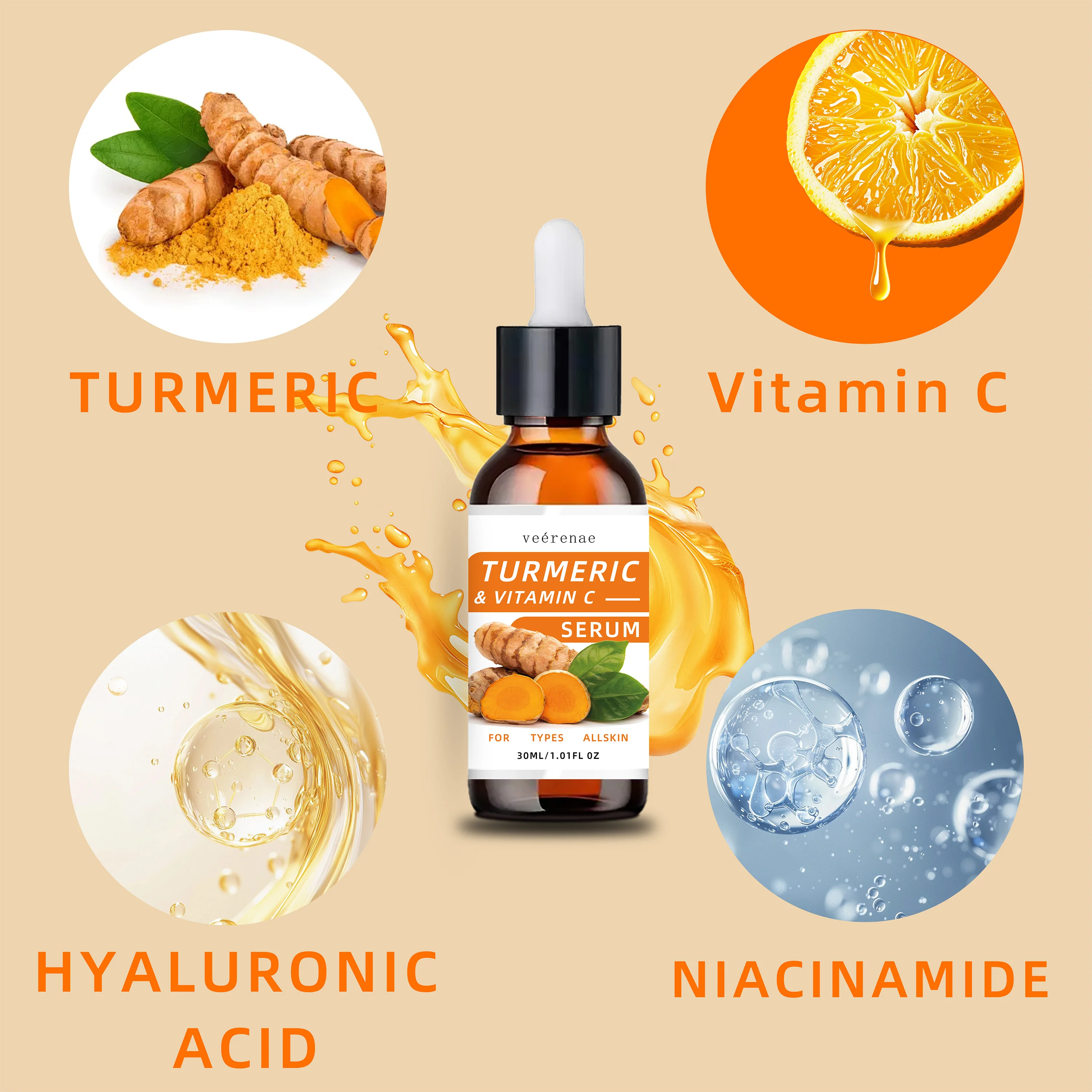 Turmeric & Vitamin C Serum: Deep hydration, evens tone, unisex. Firms skin, all skin types, hypoallergenic. travel-friendly