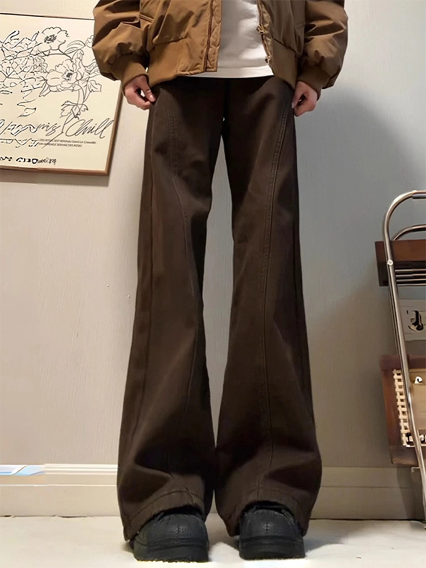 

Cé Brown Fce Lined Slanted Cut Thiened American High Street Straight Leg Micro Flared Pure Cotton Workwear Jeans for Men