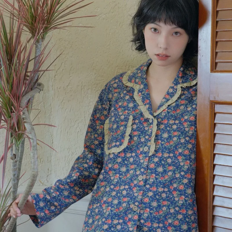 Women Softly+ Cotton Floral Pajama Set Retro Peter Pan Ruffle Collar Puff Sleeve Breathable Loose Home Lounge Wear Mori Girl