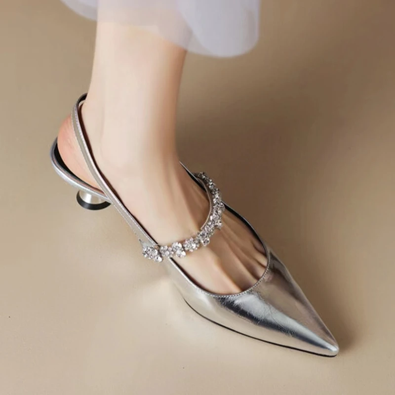 

2025 Women's Sandals Buckle Rhinestone Heels Women's Casual Solid Color Pointed Toe Slingback Trend Summer High Heeled Sandals