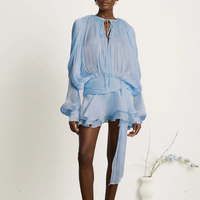 Abiti da donna alla moda 2025 Primavera O Collo con lacci Abiti da festa eleganti in raso Francese Autunno Manica a sbuffo Increspature Mini abito a pieghe