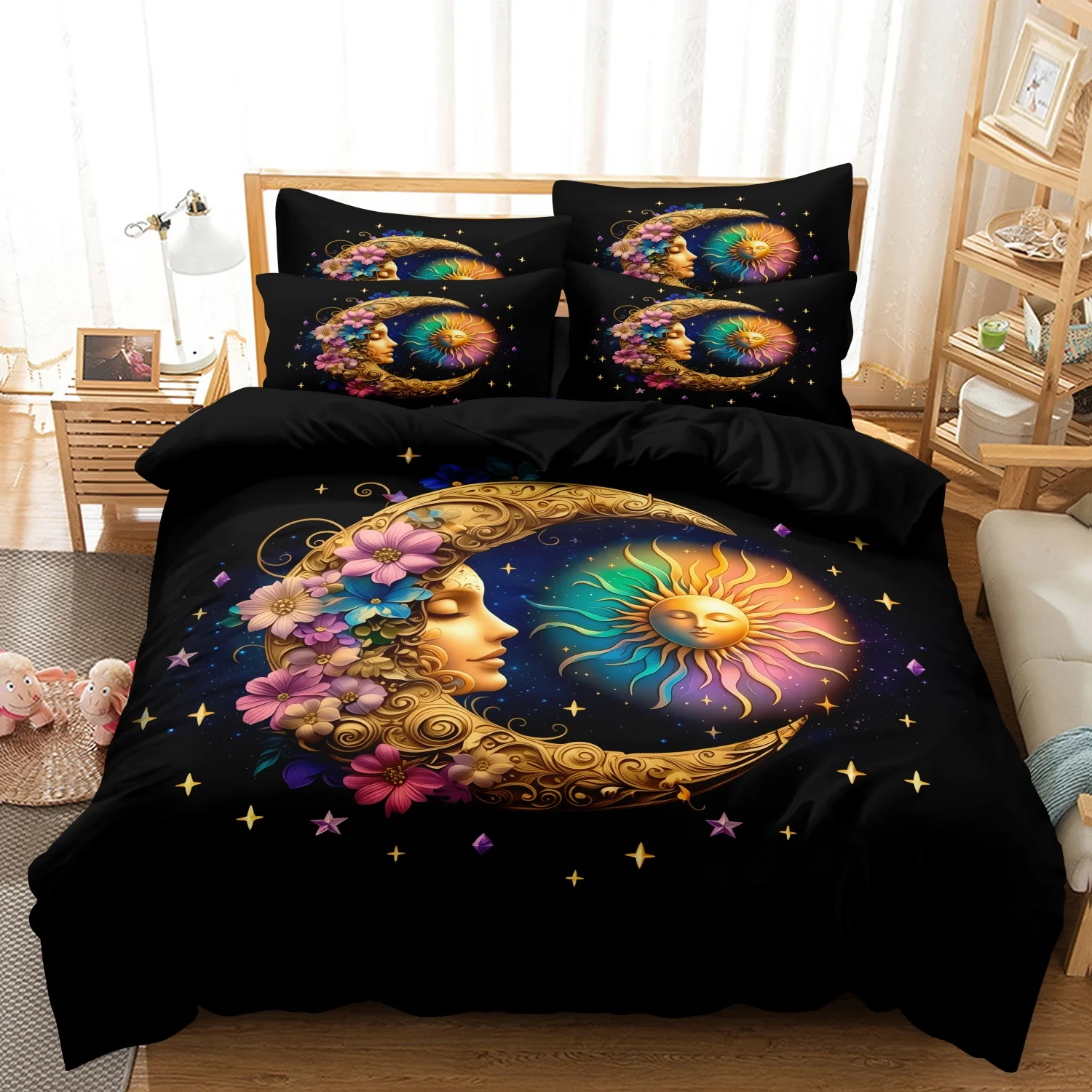 Juego de ropa de cama con funda nórdica con diseño de estrella misteriosa, sol y luna, mandala (incluye 1 funda nórdica + 2 fundas de almohada) para el hogar y el dormitorio, 3 uds.