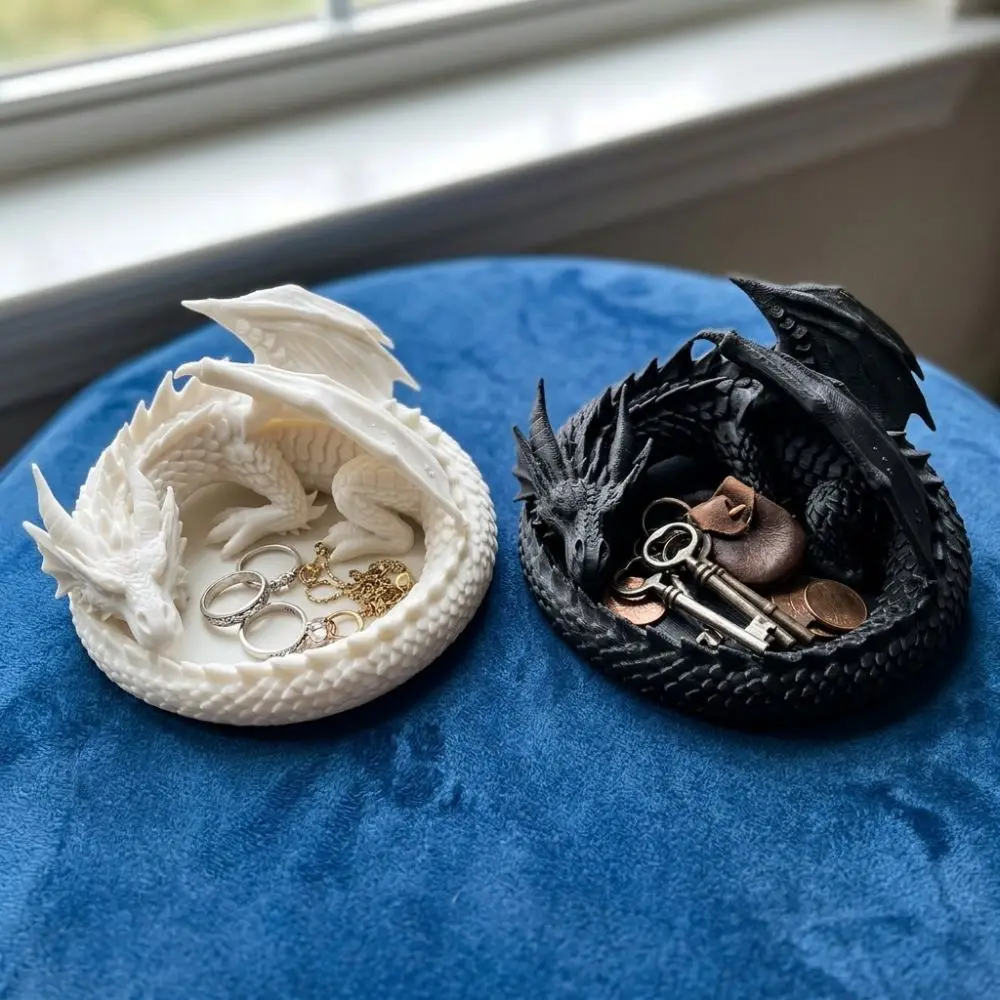 3D Printing Coiled Dragon Jewelry Tray Dark Style Sleeping Dragon Dragon Guardian Catchall Dish Gothic Plastic