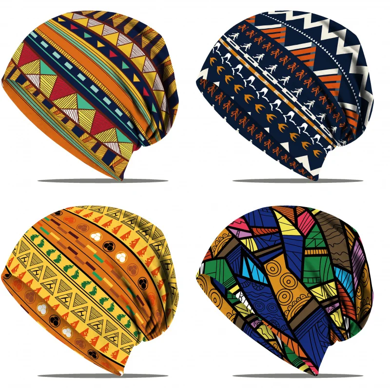 Set of 1/4 Vibrant Geometric Patterned Digital Prints, Bohemian Style Loose Women Hat Stretchy Chemotherapy, Cancer Casual Wear