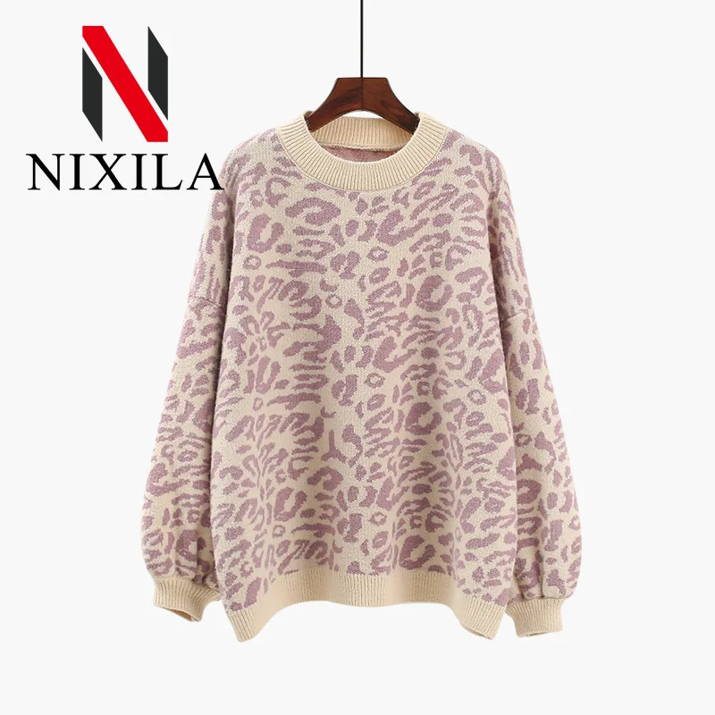 New in Knit Sweater Women Turtleneck Leopard Sweater Print Winter Thick Female Pullovers Casual Tops Oversized Sweater Pullover