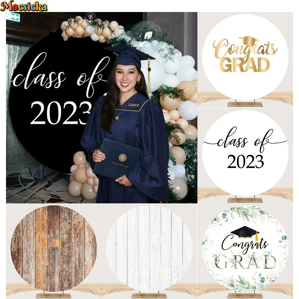 فئة 2023 حفلة التخرج ملصق دائري خلفية تهنئة غراد طالب صور خلفية سوداء الدعامة مخصص كشك تصوير خشبي #1