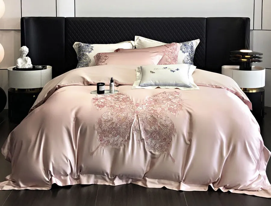 Elegant embroidery butterfly pink grey blue bedding set,full queen king cotton home textile bed sheet pillow case quilt cover