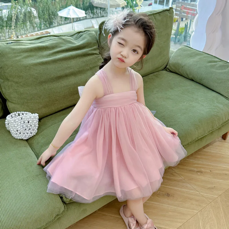 Girls Bow Suspender Fairy Dress Summer 2025 New Stylish Children Baby Princess Dress Girls Bow Sweet Mesh Dress