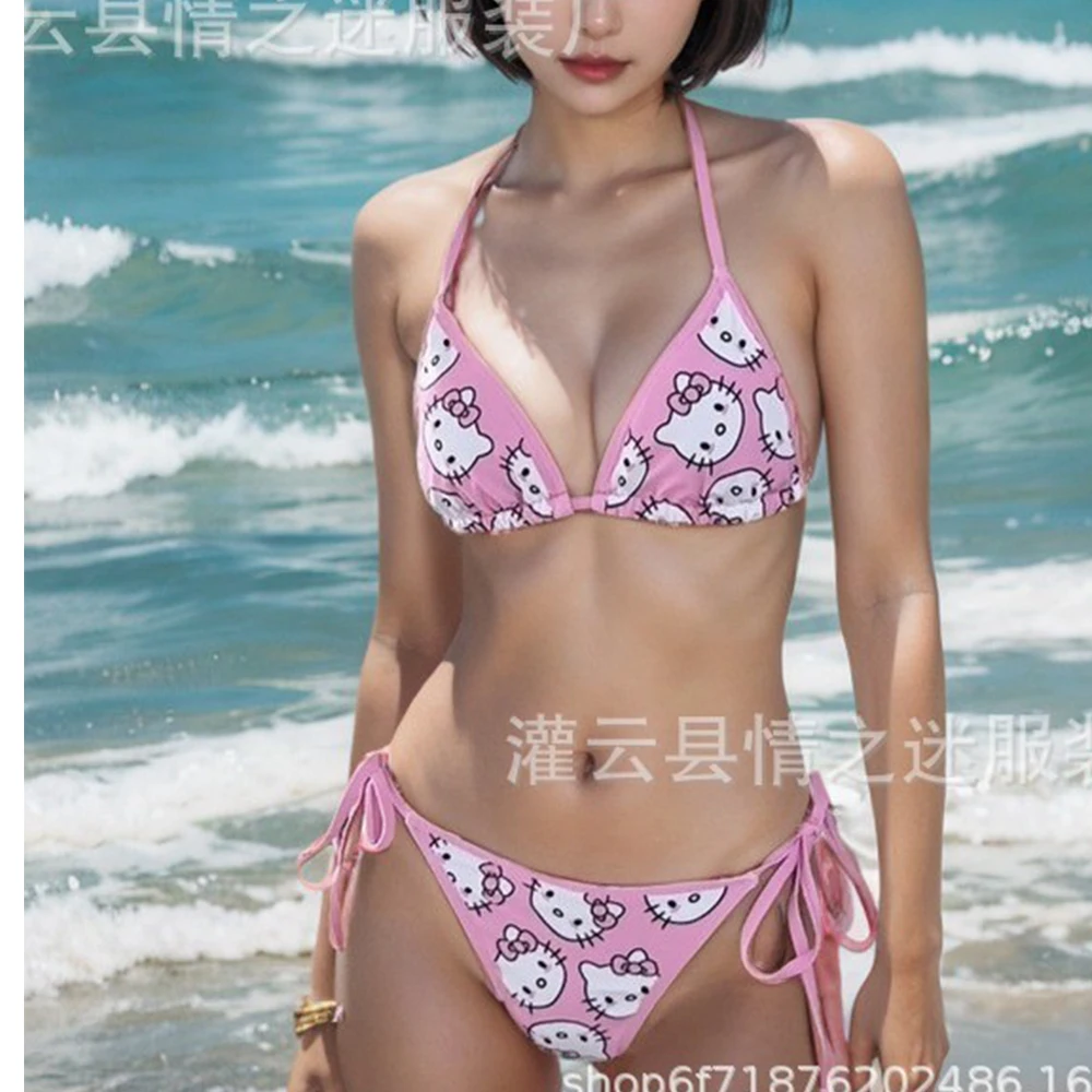 

Kawaii 2026 New Hello Kitty Holiday Bikini Cute Girl Sanrio Bikini Swimsuit Beach Vacation Hot Girl Cartoon Kitty Cat Swim Cute