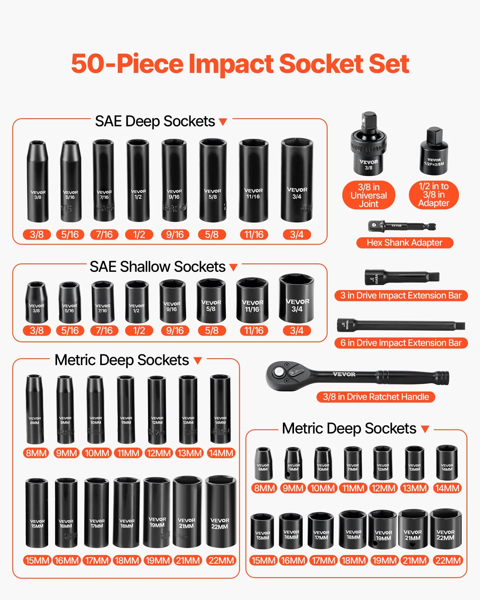 

3/8 In Drive Impact Socket Set, 50 Piece, 6 Point Deep & Shallow Impact Sockets, SAE (5/16 In To 3/4 In) And Metric (8 To 22