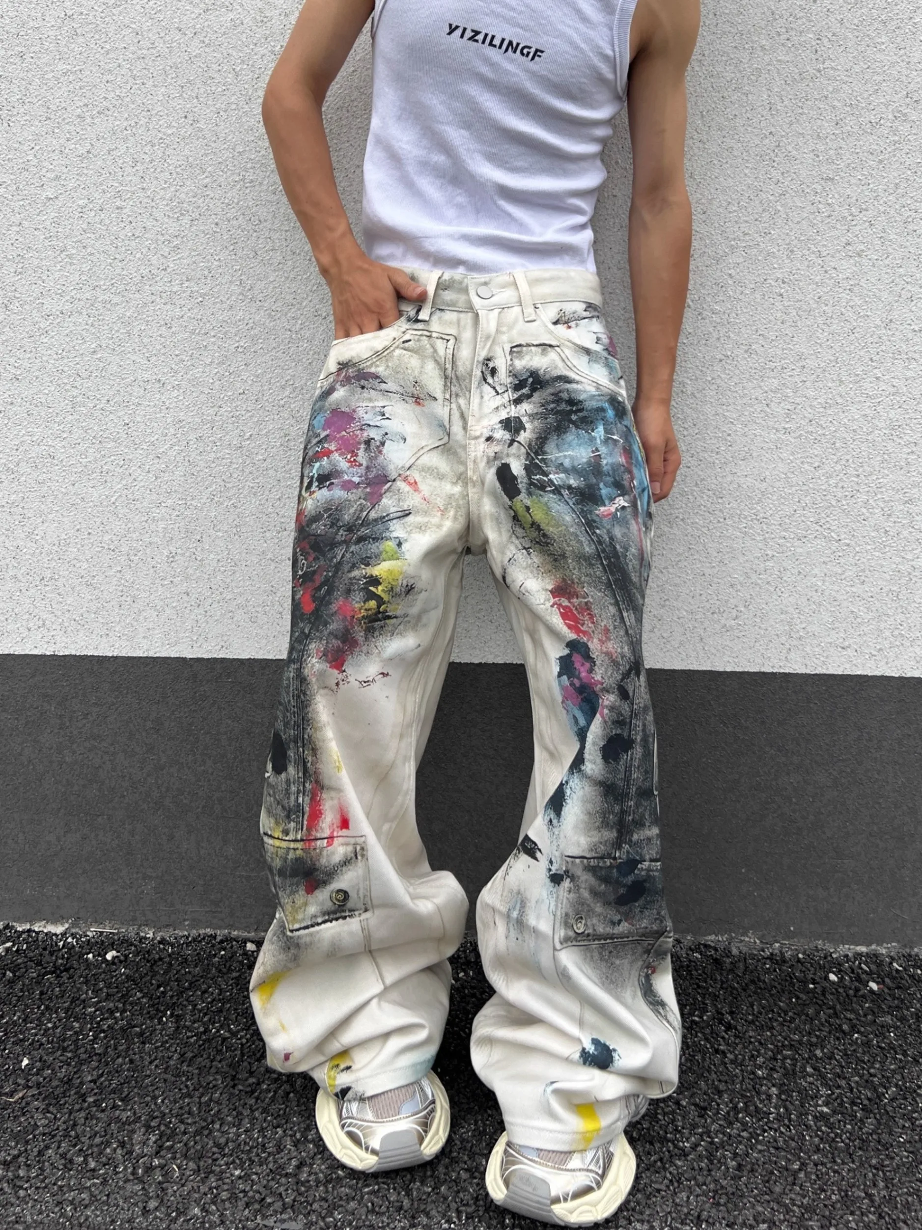 

2025 Ретро Американский граффити с принтом, красочные потертые джинсовые джинсы на молнии, прямые джинсы, хлопковые джинсовые брюки, повседневные джинсы