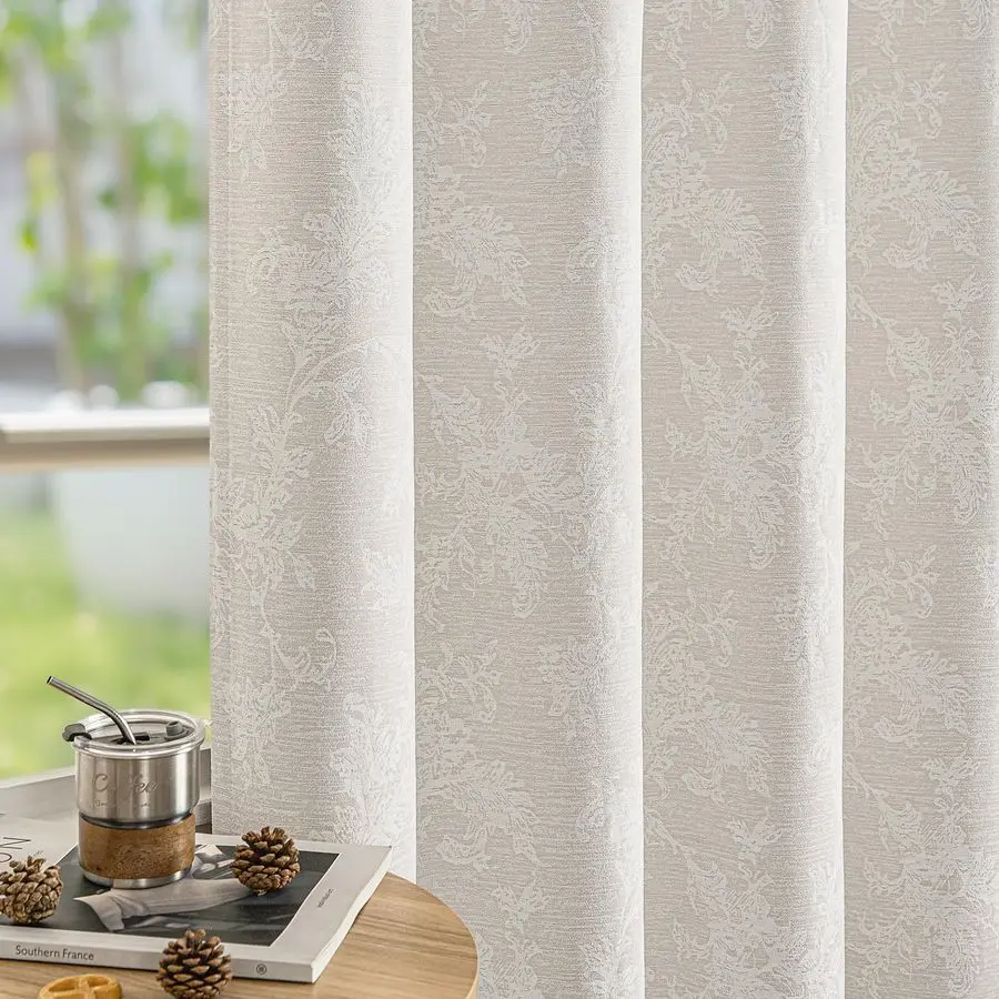 

Beige Floral Jacquard Blackout Curtains 84 Inches Long for Bedroom, Scroll Flower Chenille Farmhouse Curtains for Living Room Da