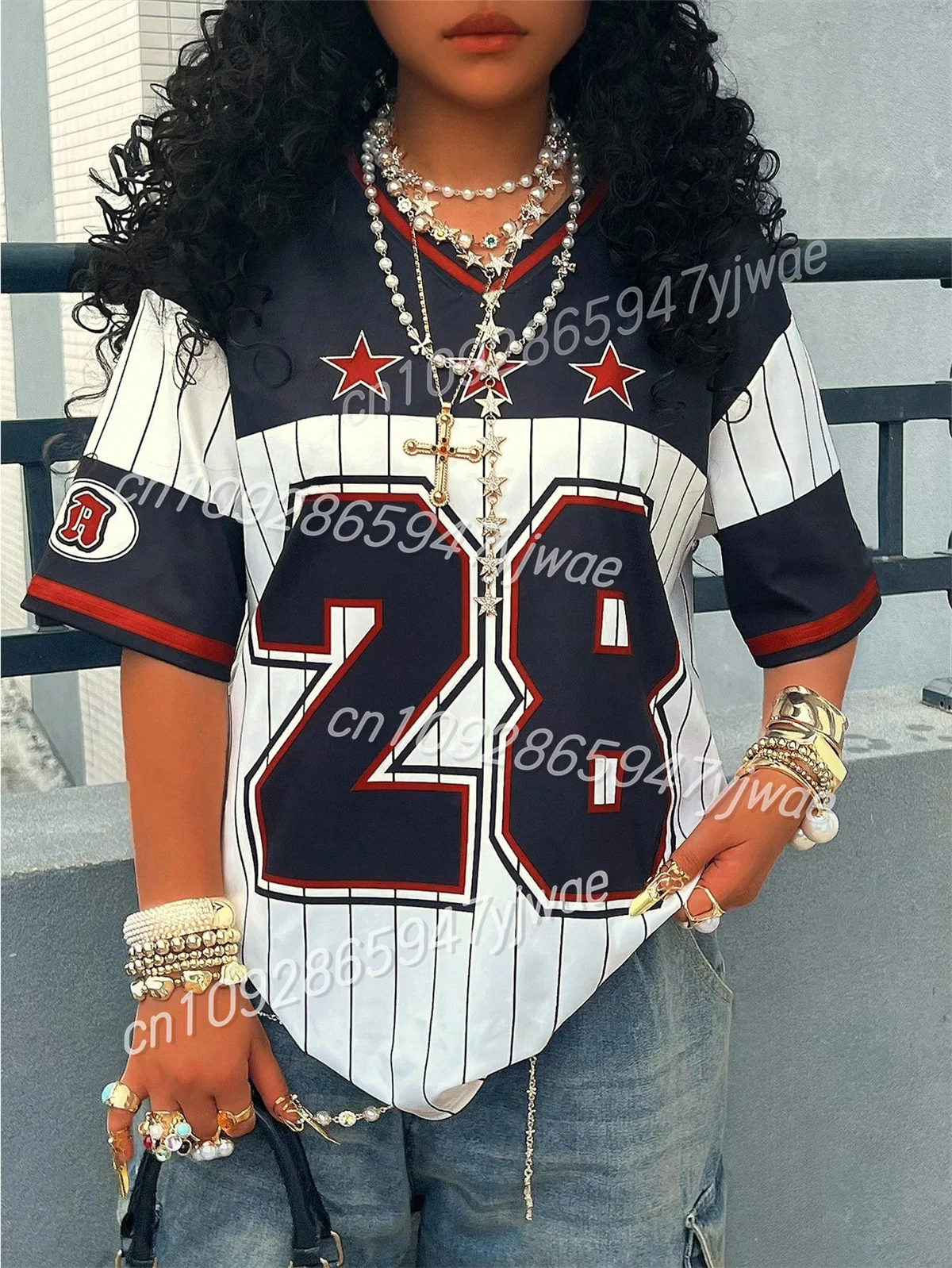 Camiseta de Los Ángeles No.28 con estampado Digital a rayas, ropa de calle a la moda, camiseta informal de manga corta para fiesta de verano para mujer y2k