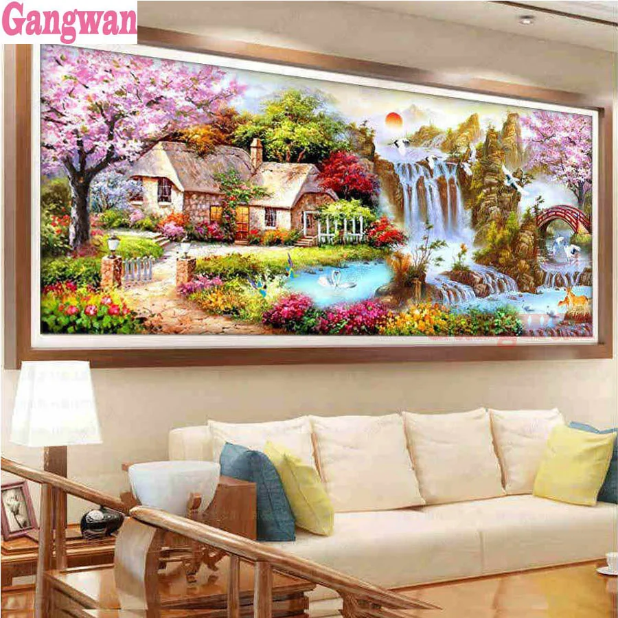 large village landscape waterfall Full Drill Square 5D DIY Diamond Painting Diamond Embroidery Cross Stitch Rhinestone Mosaic