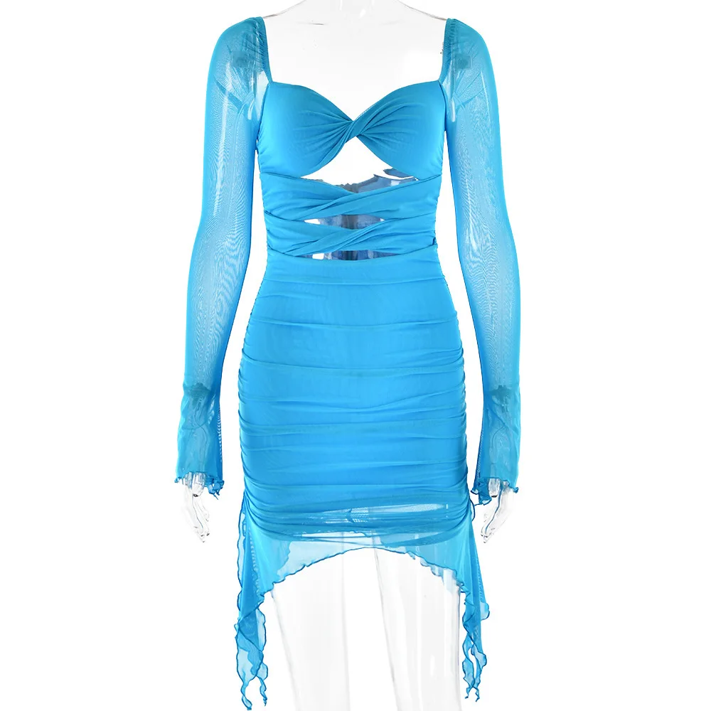 Abito corto a maniche lunghe trasparente elegante alla moda per ragazza calda sexy aderente primaverile per le donne