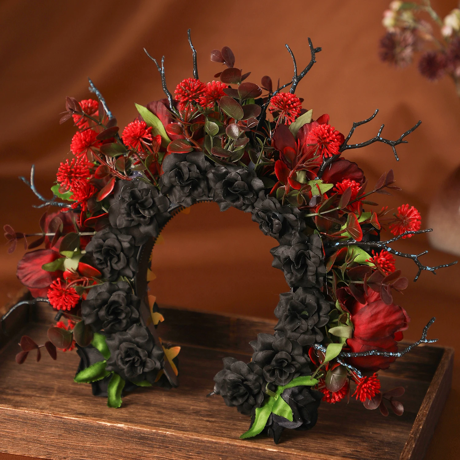 Baroque Vintage Black Red Handamde Rose Flowers Hairbands For Women Bride Wedding Hair Accessories Headbands image 3