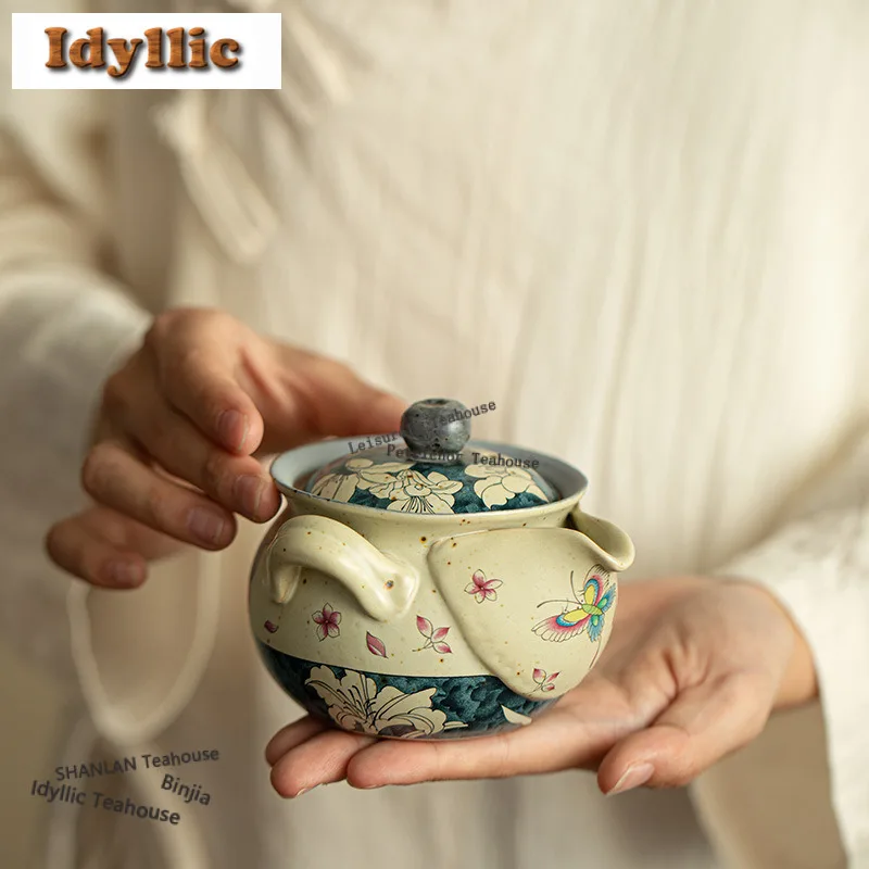 

200 мл сине-белый чайник с красной бабочкой и цветком огня, роскошный чайник для заварки чая, чайник с ситечком, предметы для чая, подарок