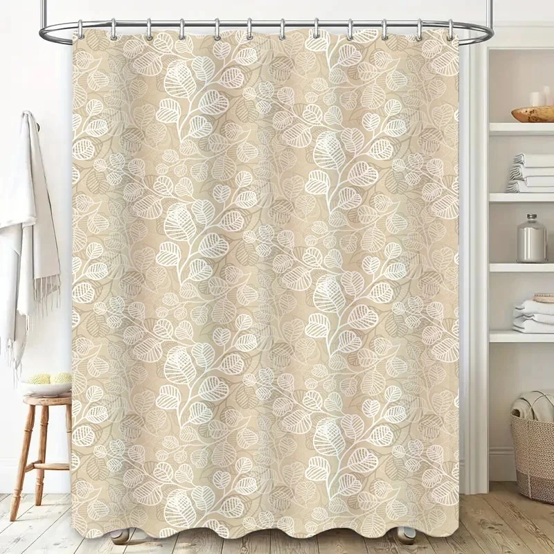 VIKAMA Boho Botanical Bath Curtain Neutral Tone Outline Leaf Pattern Waterproof Shower Curtain for Bathroom Decor