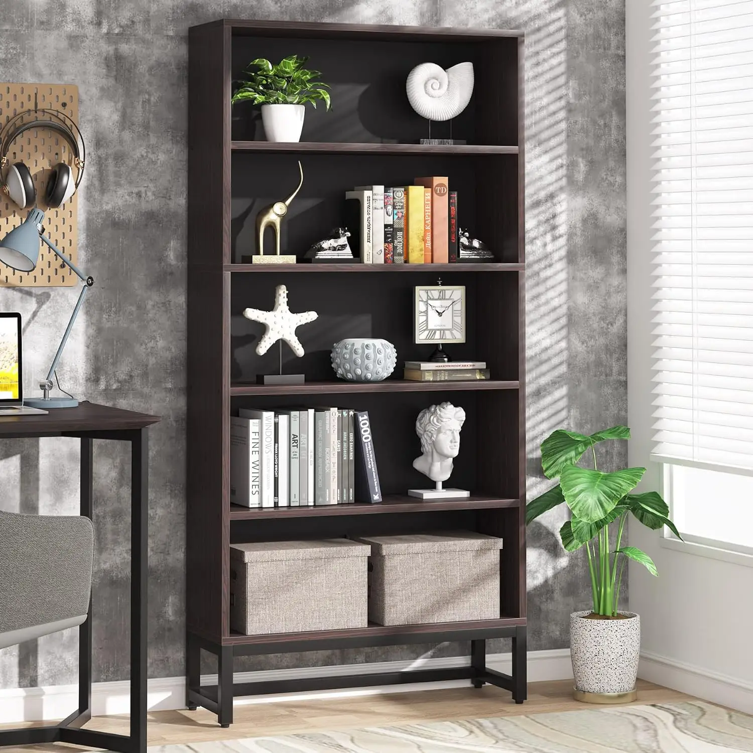 Tall Bookcase Black Bookshelf,70.8” Large Organizer with 5-Tier,Heavy Duty Free-Standing Library Living Room,Bedroom(Sandalwood)