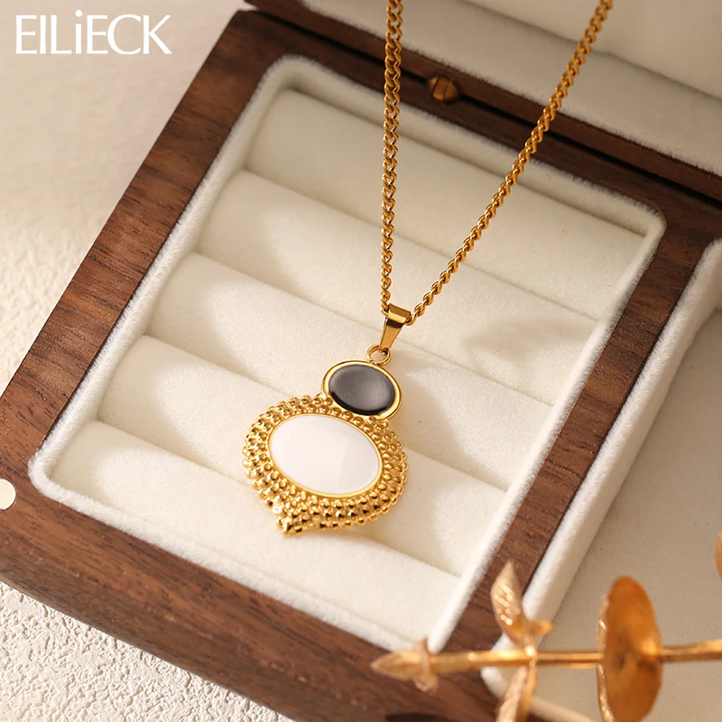 

EILIECK 316L Stainless Steel Black White Oval Pendant Necklace for Women Trendy Holiday Elegant Waterproof Neck Chain Jewelry