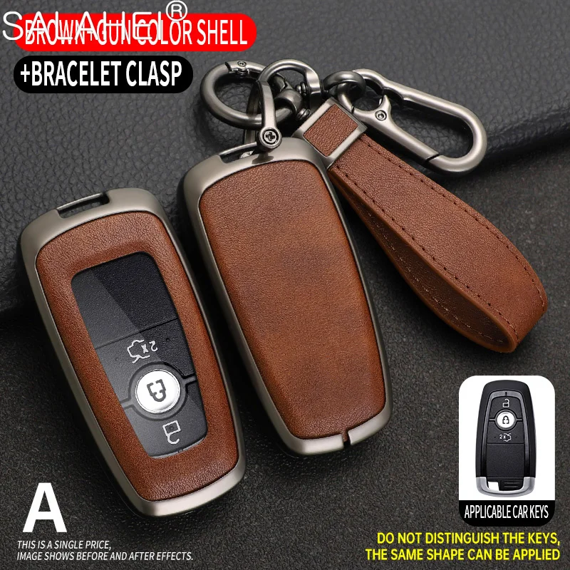 

Alloy Leather Car Remote Key Case Cover Shell Fob For Ford Edge Fusion Mustang Explorer F150 F250 F350 Ecosport Protector Holder