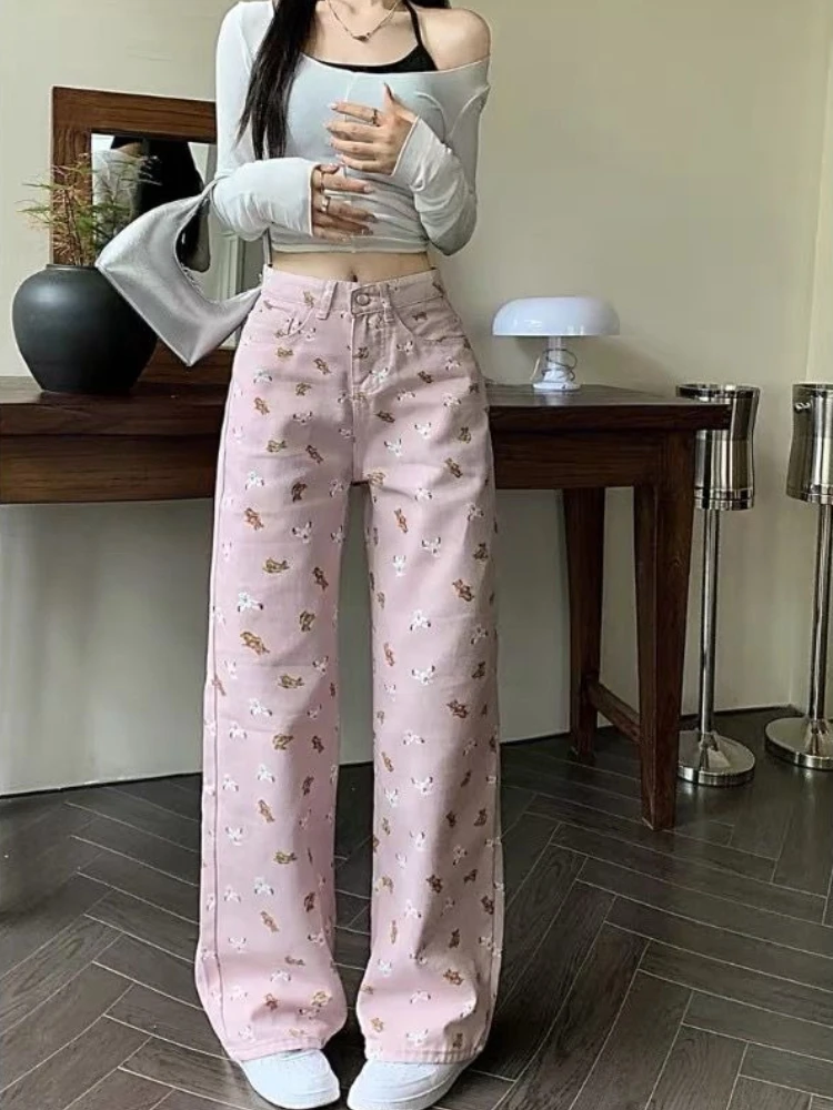 

Women's Y2k Vintage Bear Print Denim Pants High Waist Baggy Straight Wide Leg Jeans Summer Casual Streetwear