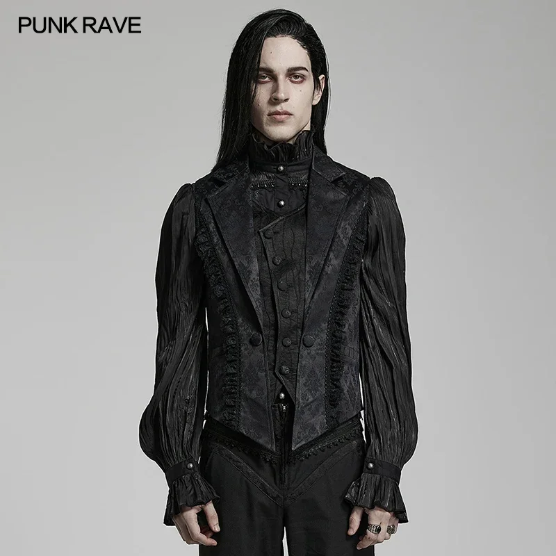 PUNK RAVE Men\'s Gothic Gorgeous Lace Decoration Asymmetric Lapel Waistcoat Unique Pointed Outline Elements Party Long Sleeve Top