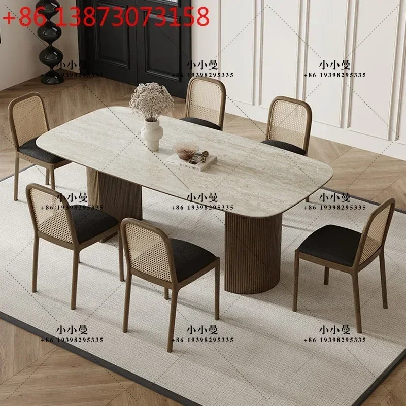 French retro style solid wood travertine rock slab household small apartment restaurant medium and ancient style dining table