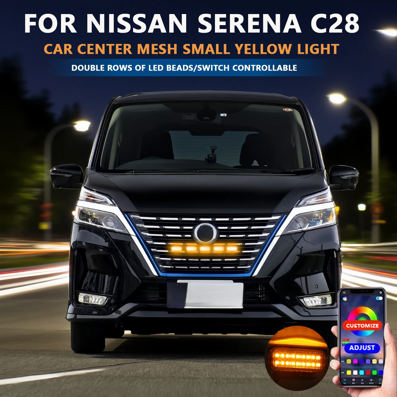 

LED Car Lights Front LED Grille Lights With Harness Eagle Eye Lamp FOR NISSAN SERENA center mesh small yellow light Accessories