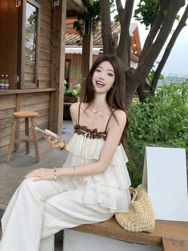 

Korean Contrast Color Wooden Knot Strap Vest High Waist Wide Leg Casual Pants Women's Summer New Style Set