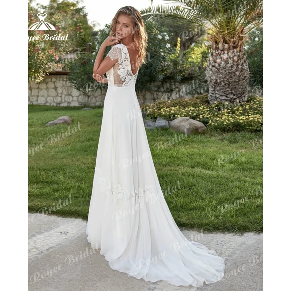 Boho a linha vestidos de casamento para as mulheres vestidos de noiva sexy com decote em v boné de renda manga sem costas rendas até borla chiffon varrer vestidos de