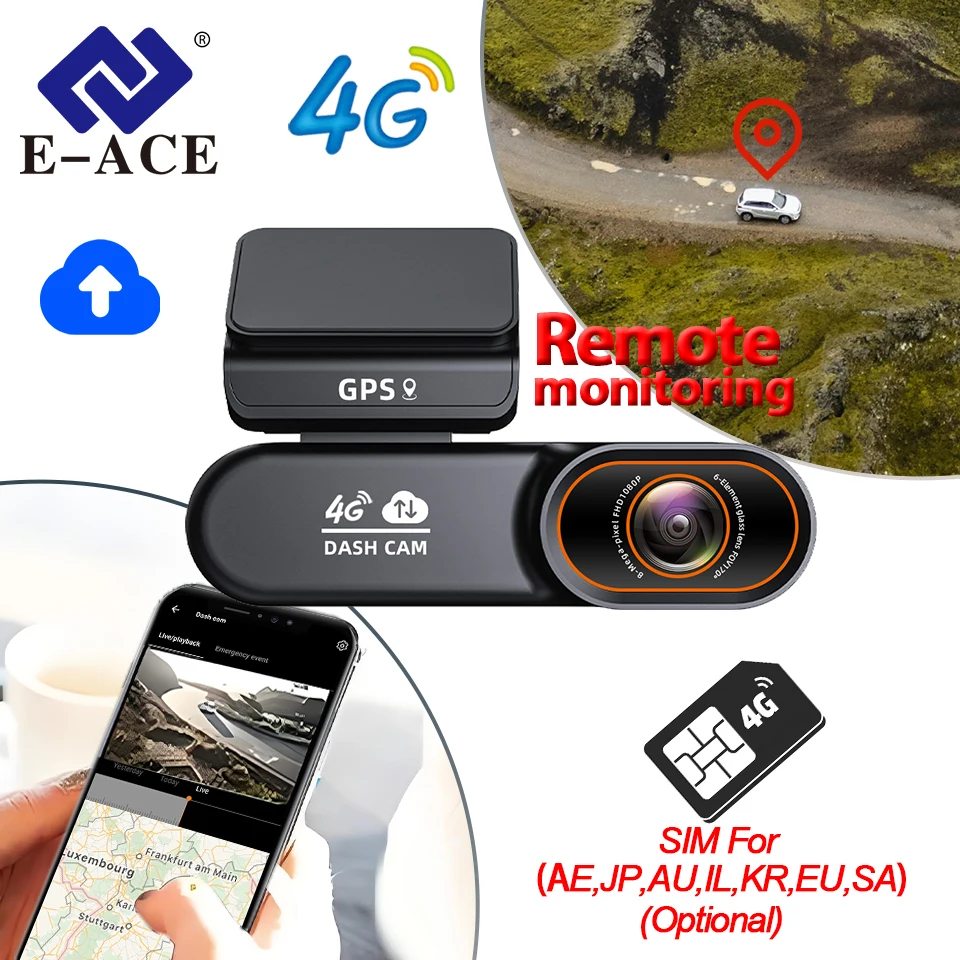 E-ACE 4G Dash Cam Remote Connection Black Box Support GPS/Electronic Fence/Collision Warning/Remote Playback Car Video Recorder