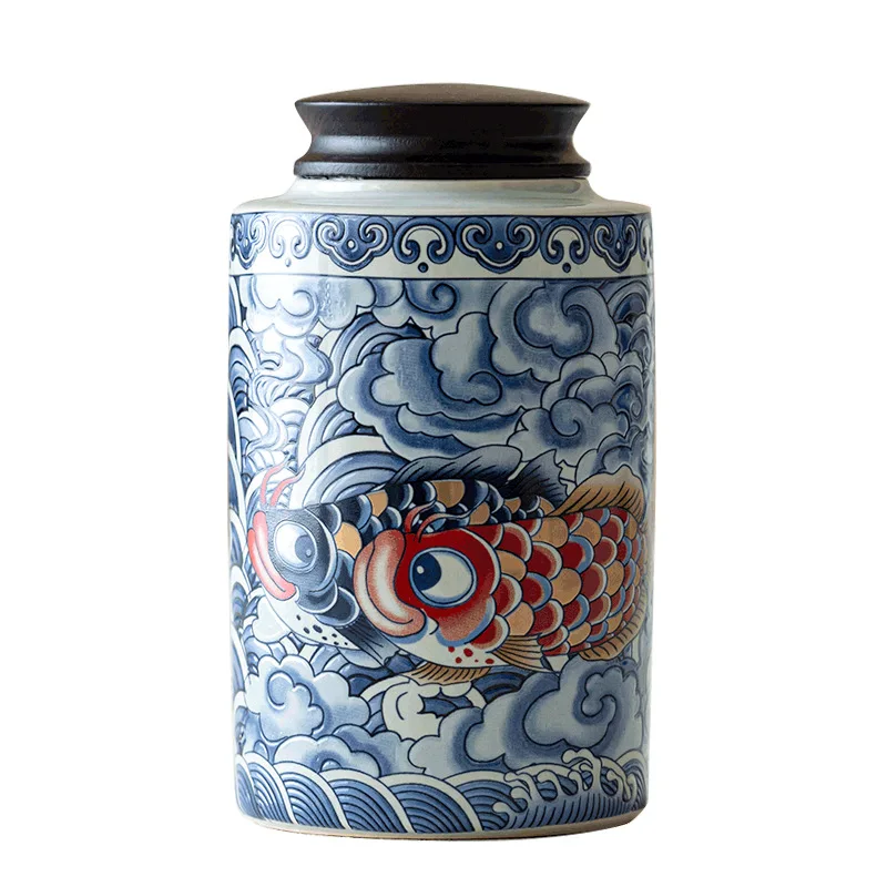 Contenitore per tè creativo in porcellana bianca e blu per la casa, modello di pesce in ceramica, vaso decorativo, scatola multifunzionale per caramelle e noci