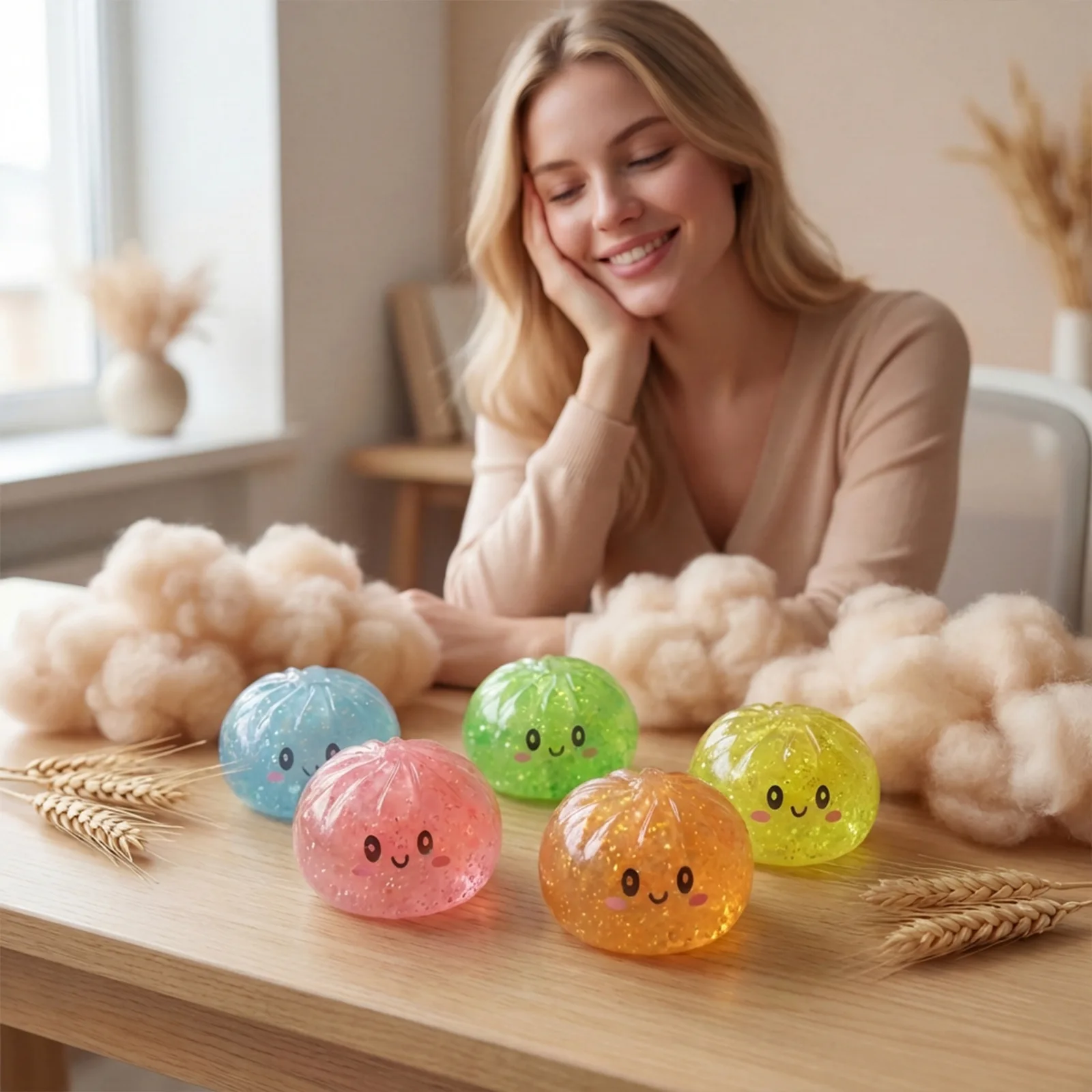 2PCS Glitter Bun Squishy Fidget Toy Cute Emoji Stress Relief Squeeze Soft Sensory Toy Portable for Kids Adults Gift