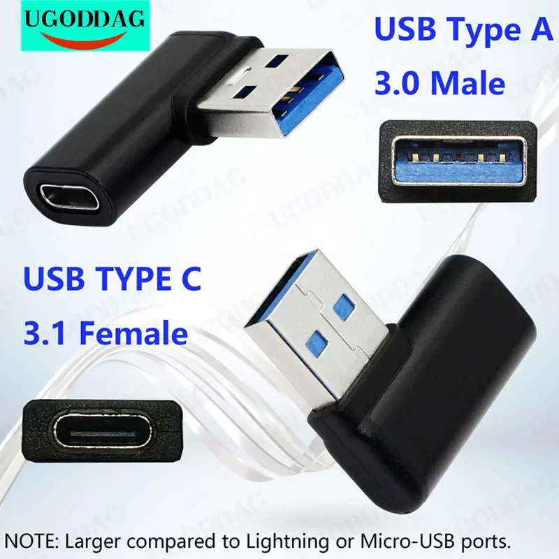 90 Degree USB C to USB A Adapter Right Angle Left Angle USB A 3.0 Male to USB Type C 3.1 Female Connector for Wall Chargers