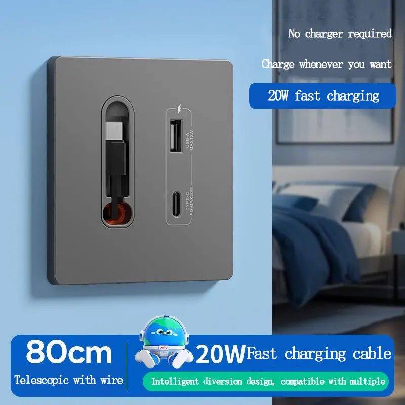 EU Universal Wall PD 20W USB C Smart Socket Panel With Dual Ports Type-C Fast Charging Ports And 80CM Retractable Cable For Home