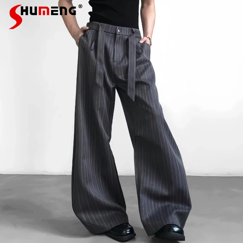 

Fashion Ribbon Micro-flared Striped Trousers Men's 2026 Spring Loose Comfort Trendy Pants Male Handsome Wide-leg Curved Trousers